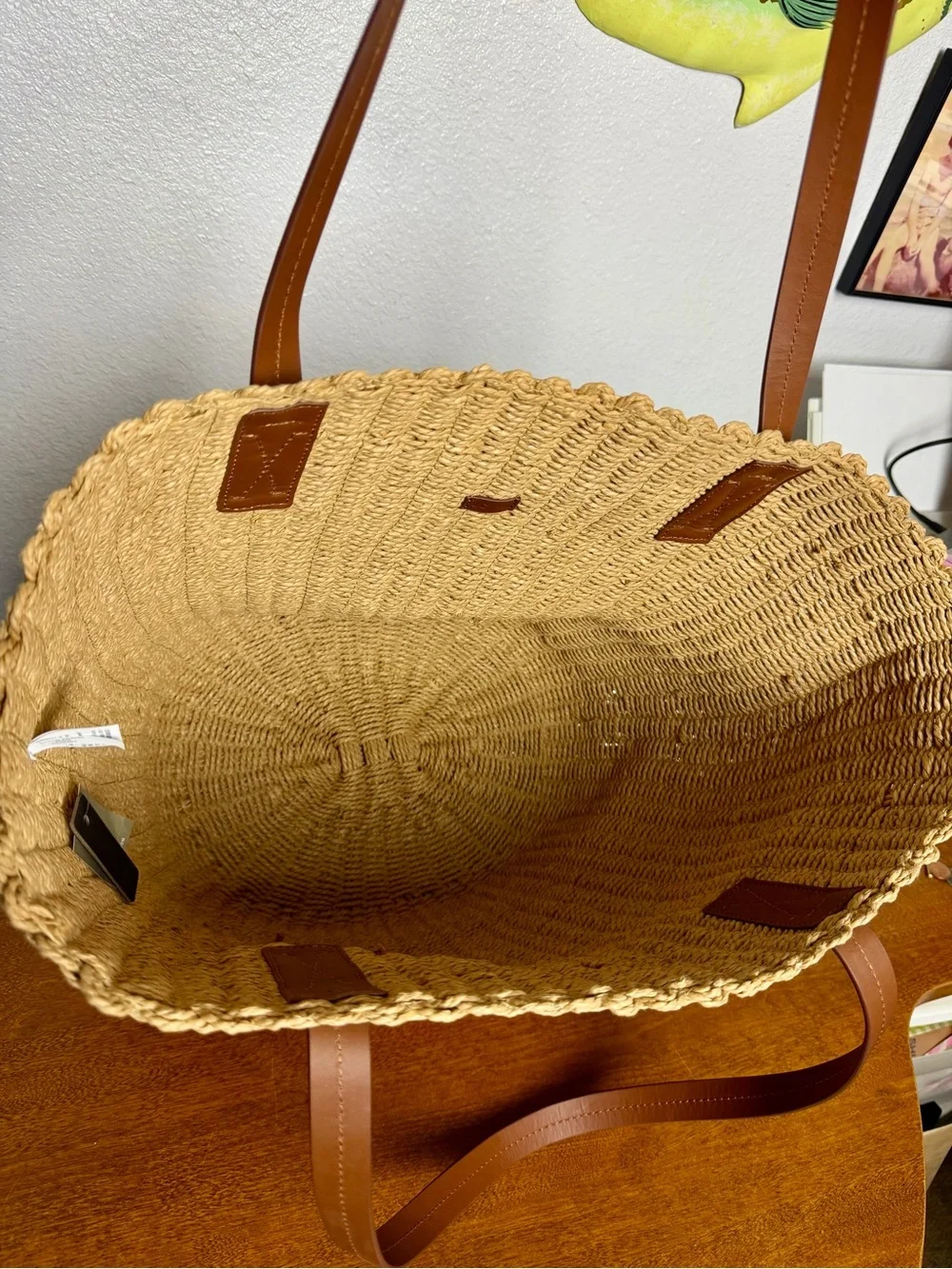 JCrew X-Large Woven Straw Market Tote Bag Leather Handles NWT